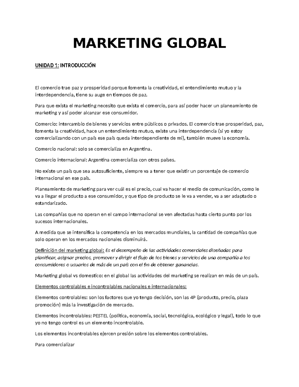 MARKETING GLOBAL UNIDAD 1: INTRODUCCIÓN Y CONTEXTO COMERCIAL - Studocu