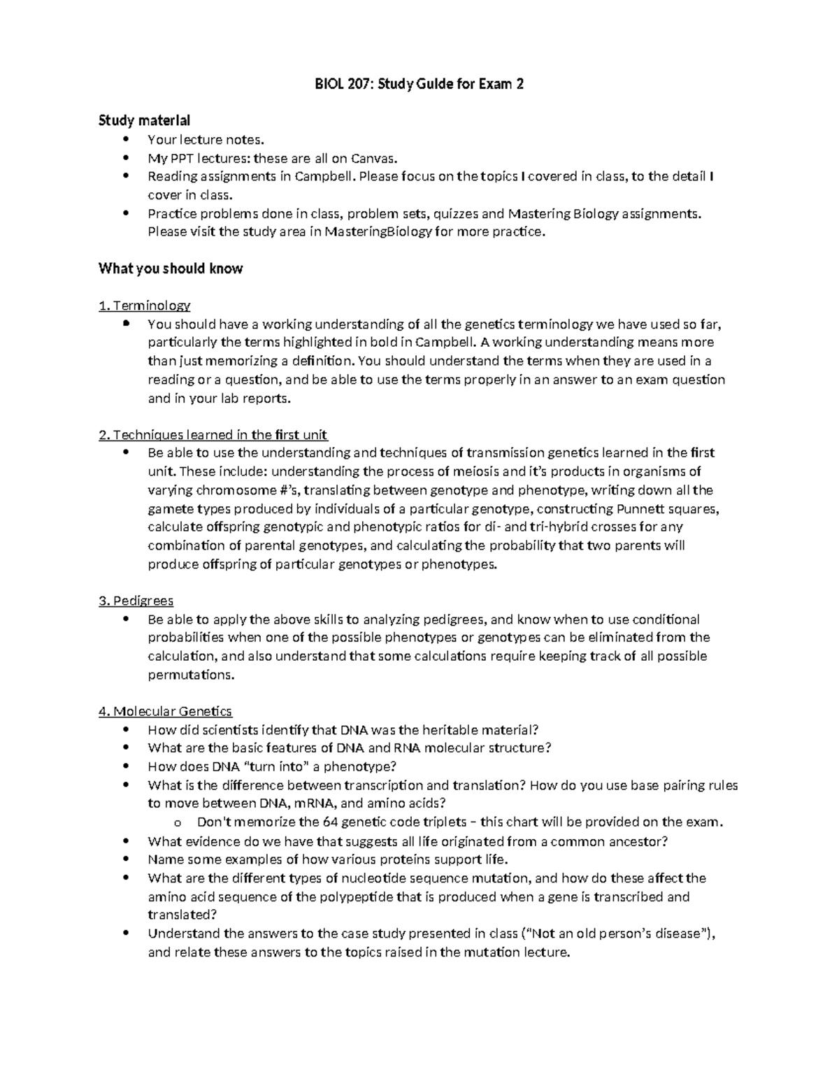 BIOL 207: Study Guide for Exam 2 - Genetics and Molecular Biology ...