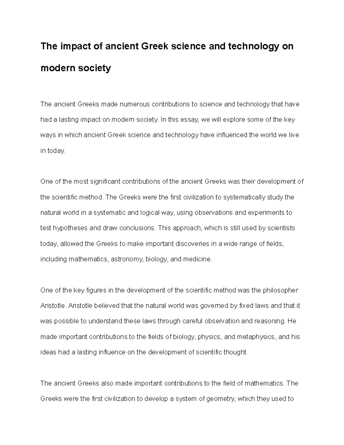 Ancient Greek Science & Technology: Influence on Modern Society - Document Preview