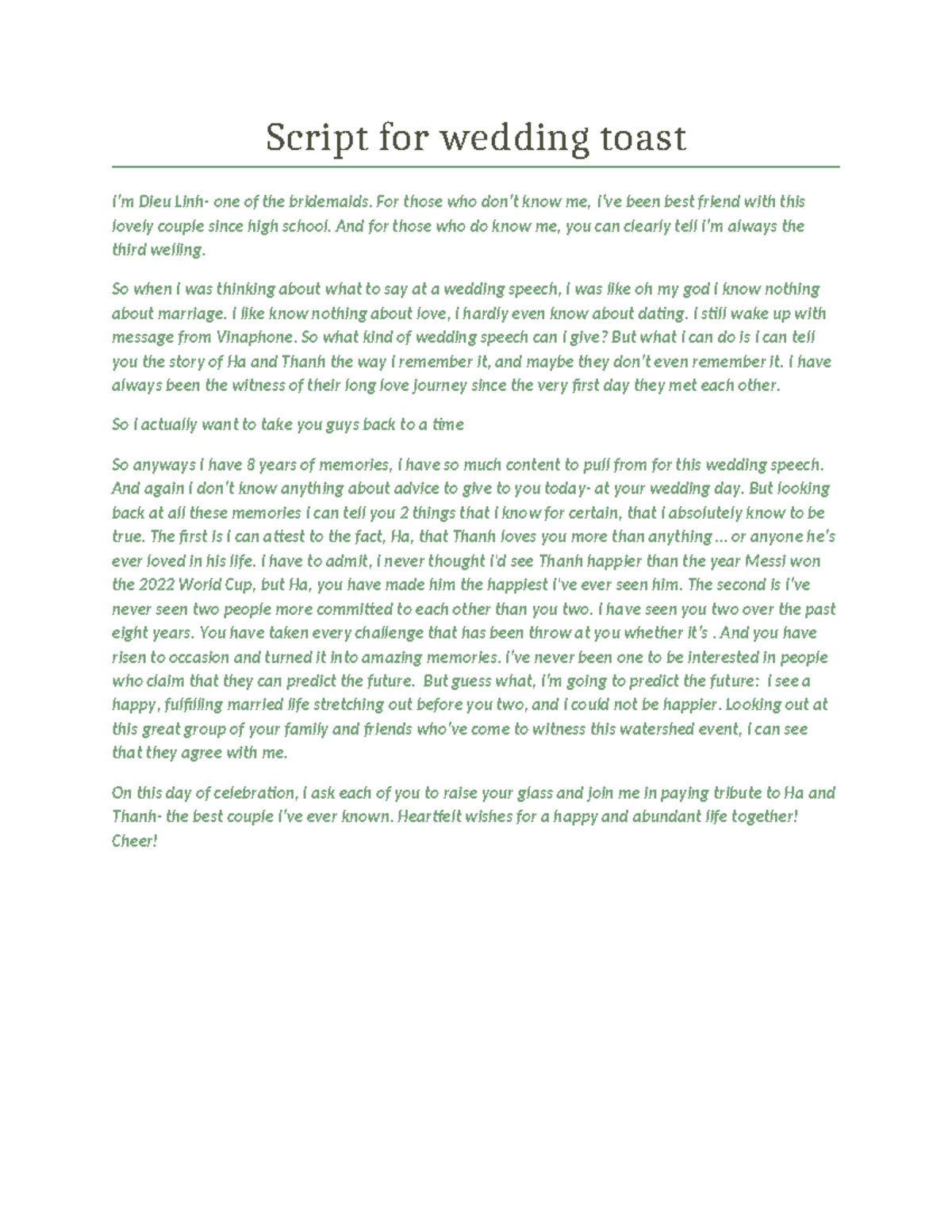 Script for wedding toast - Script for wedding toast I’m Dieu Linh- one ...