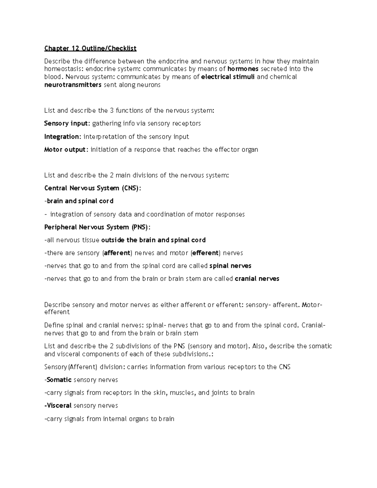 NUR 101 Chapter 12 Nervous System Outline Summary - Studocu