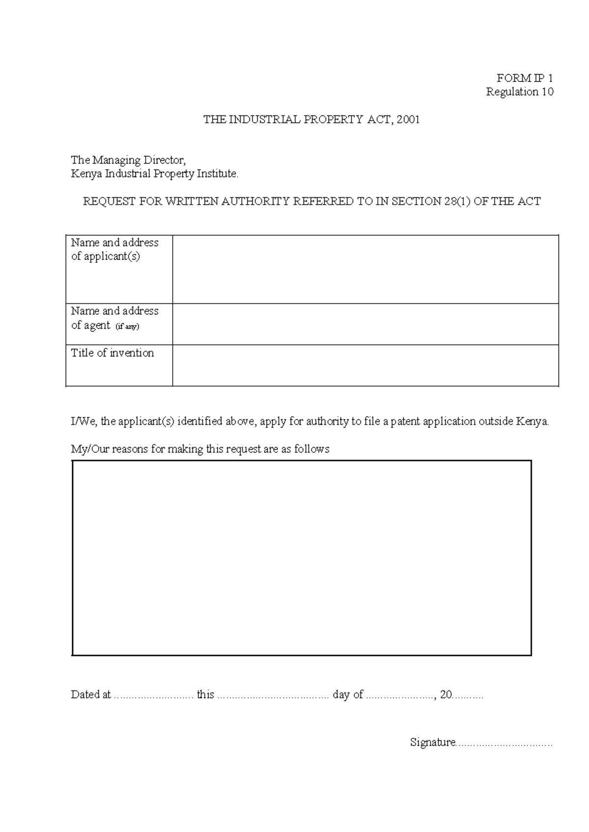 Formip 1 0 - Study notes - FORM IP 1 Regulation 10 THE INDUSTRIAL ...