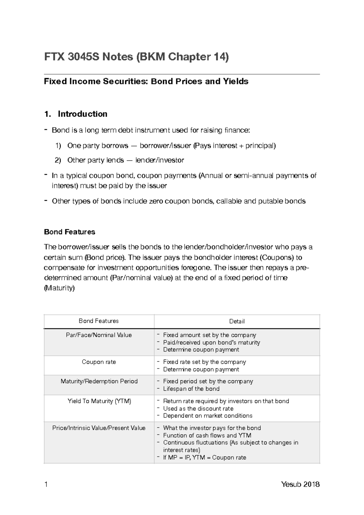 FTX 3045S Ch 14 - Summary of Fixed Income Securities and Bond Pricing ...