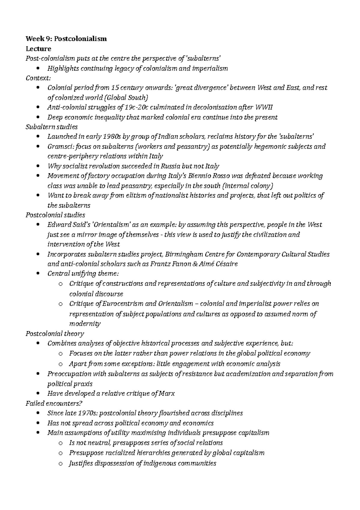 WEEK 9: Lecture Notes on Postcolonialism and Subaltern Studies - Studocu