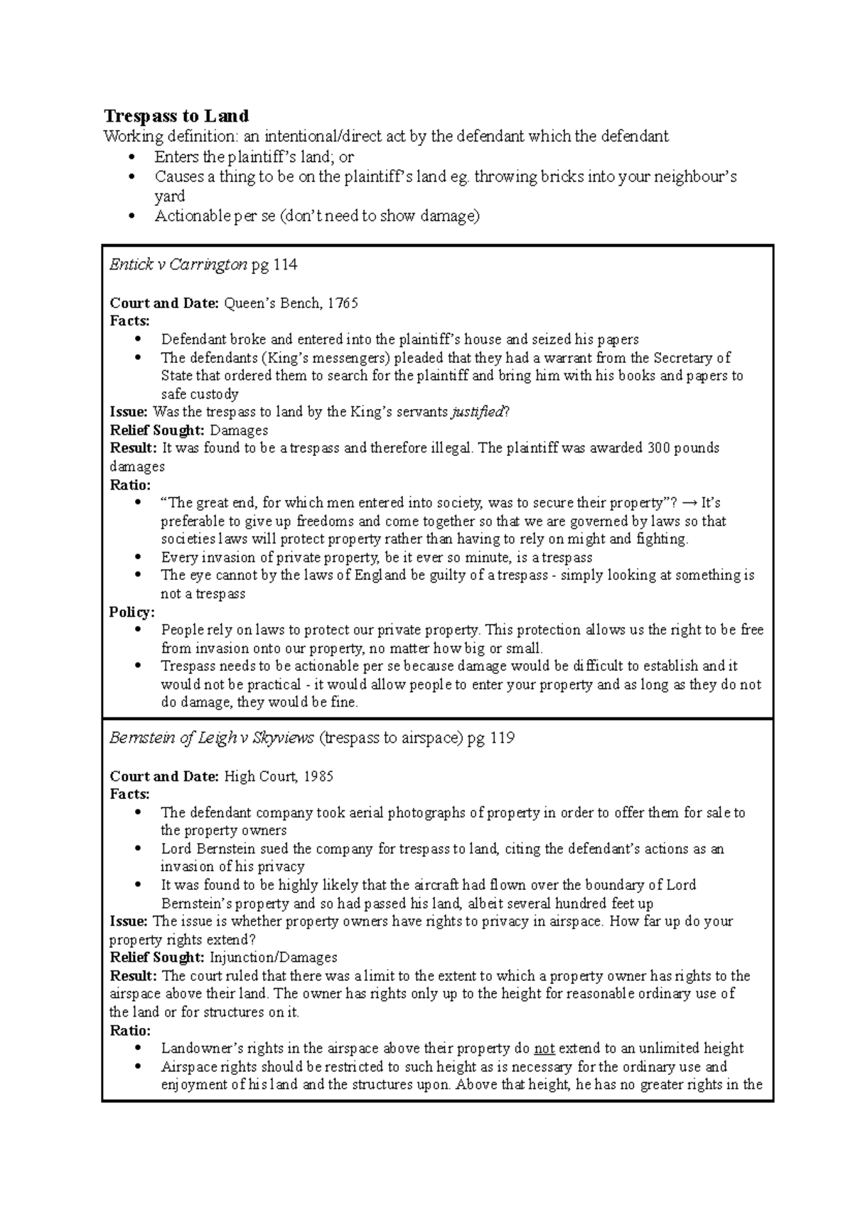 CASE BRIEFS TORTS - Trespass to Land - Studocu