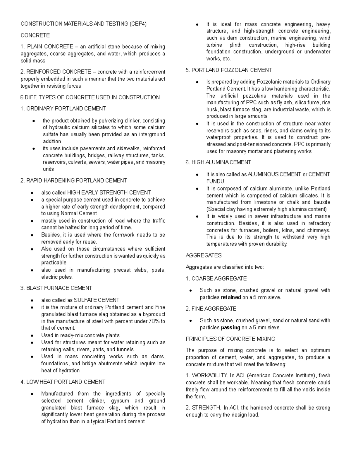 Prelims reviewer - notes - CONSTRUCTION MATERIALS AND TESTING (CEP4 ...