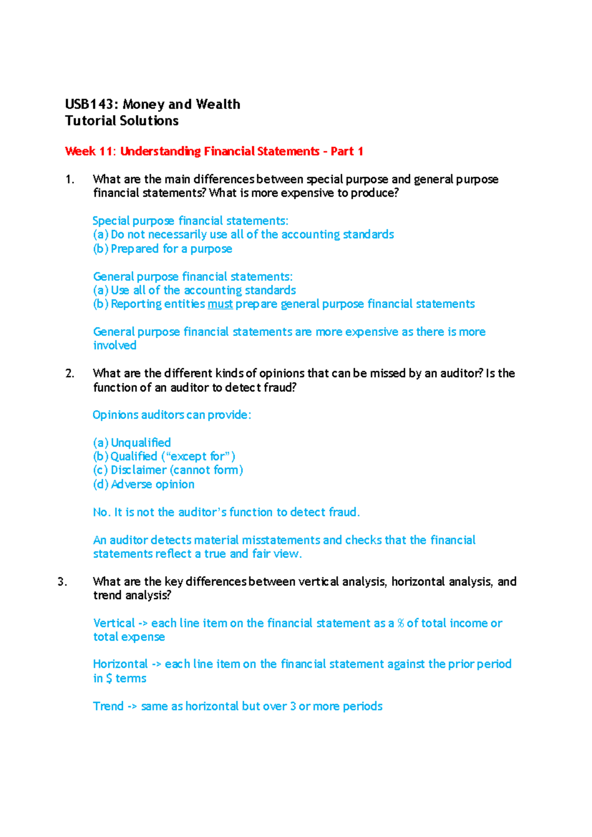 USB143: Tutorial Solutions Week 11 - Understanding Financial Statements ...
