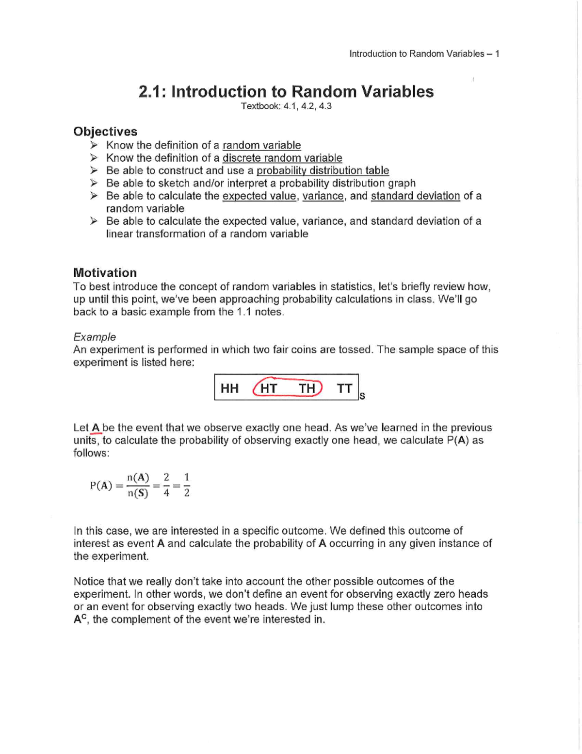 Unit 2 Notes: Introduction to Random Variables and Probability ...