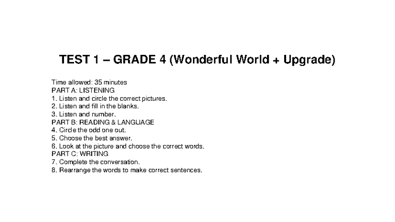 TEST 1 & 2 GRADE 4 (Wonderful World Upgrade) English Exam Guide - Studocu