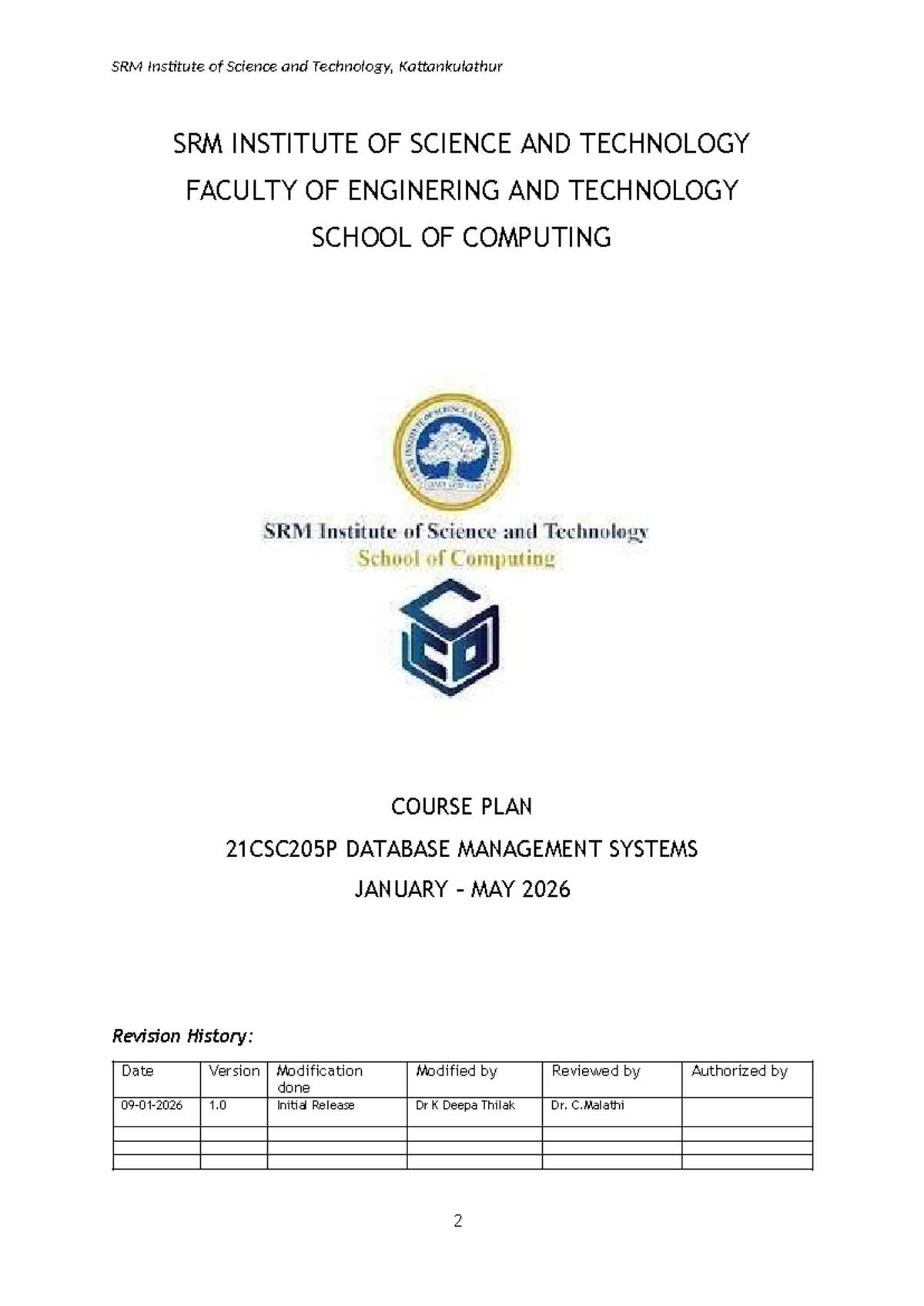 CAP - 21CSC205P Database Management Systems Course Plan - Studocu