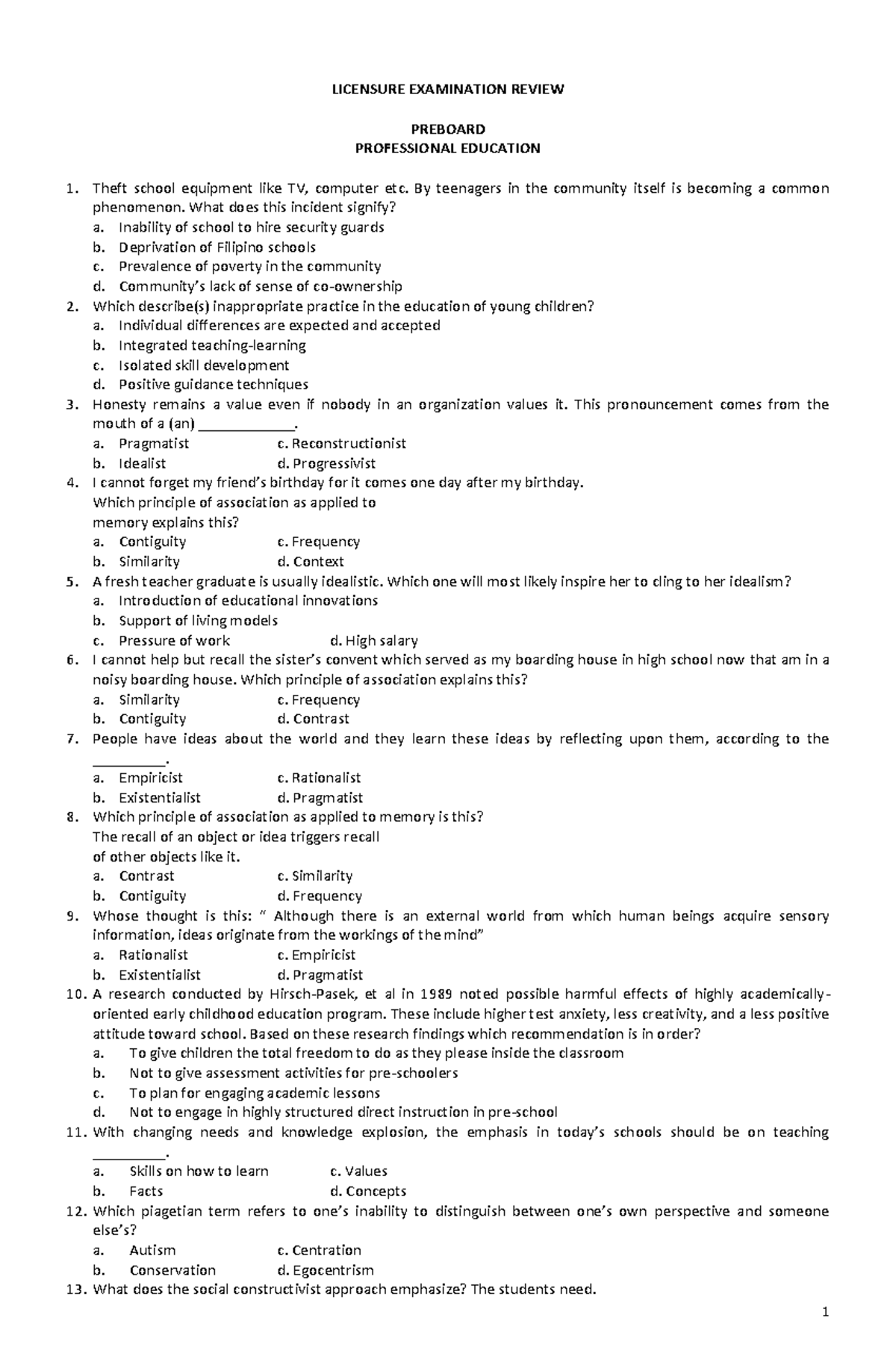 Prof Ed Preboard Review Guide and Essential Exam Questions - Studocu