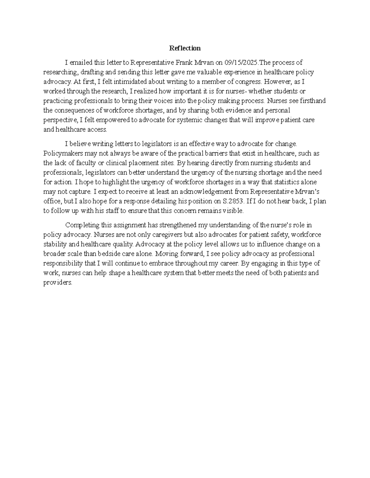 NUR 301: Advocacy Reflection on Nursing Workforce Shortages - Studocu