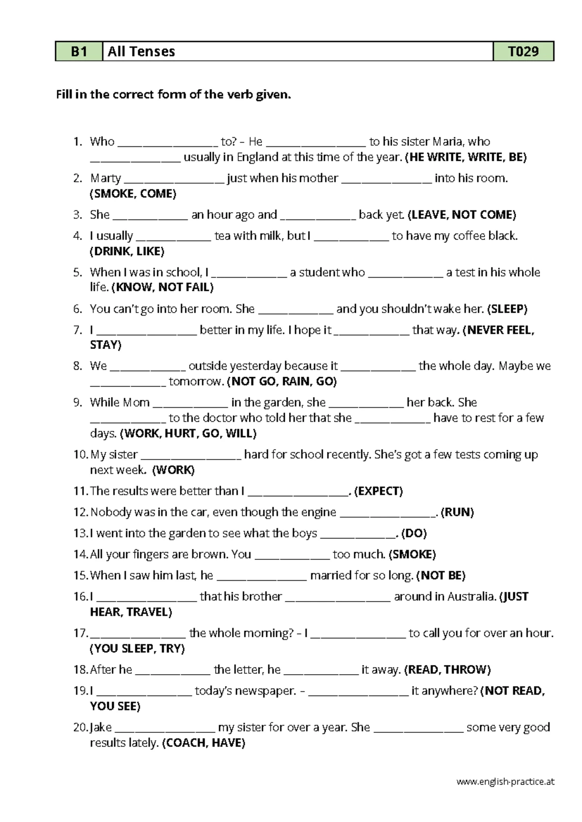 Tenses Practice Exercises for Language Learners - Studocu