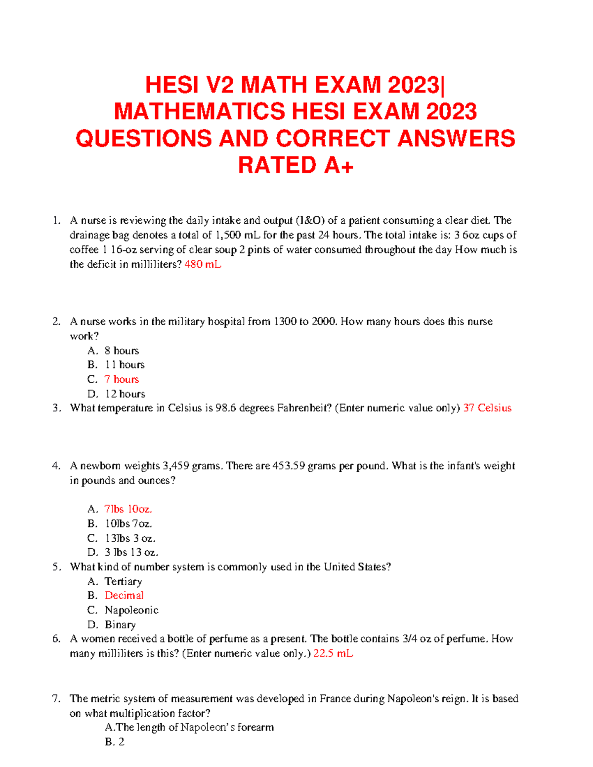 HESI V2 MATH EXAM 2023: QUESTIONS & ANSWERS REVIEW - Studocu