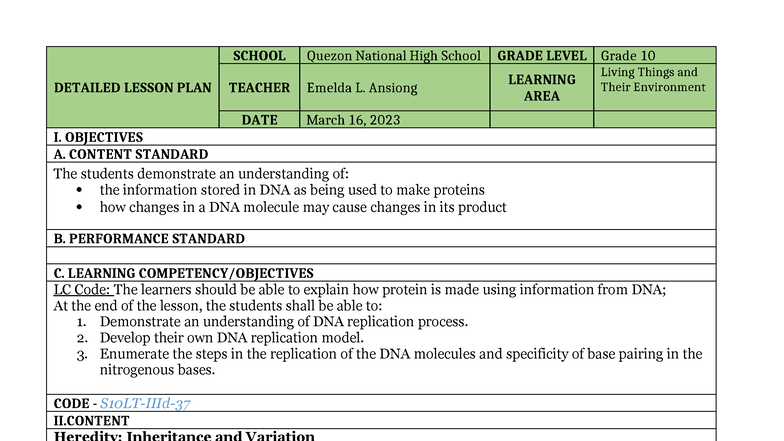 DLP: Detailed Lesson Plan on DNA Replication for Grade 10 Biology - Studocu