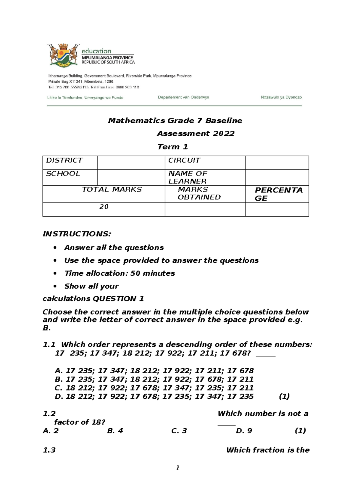 Grade 7 Math Baseline Assessment Term 1 - 2022 - Studocu