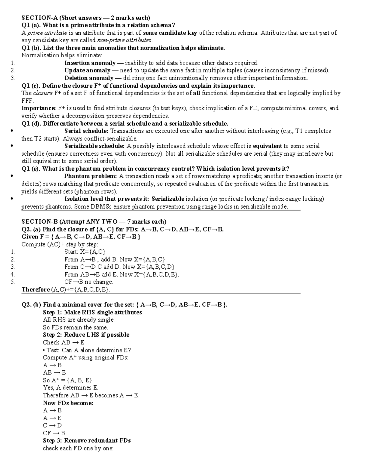Solution 2 Sessional DBMS: Short Answer Questions and Explanations ...
