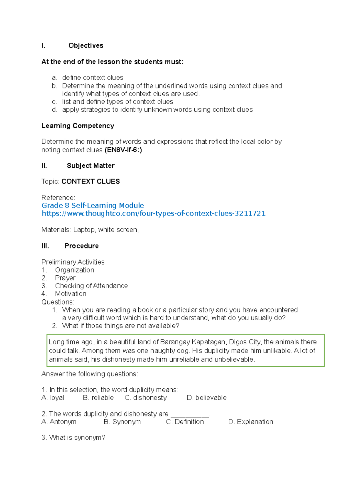 Context Clues Lesson Plan (EN8V-If-6) for Grade 8 Students - Studocu