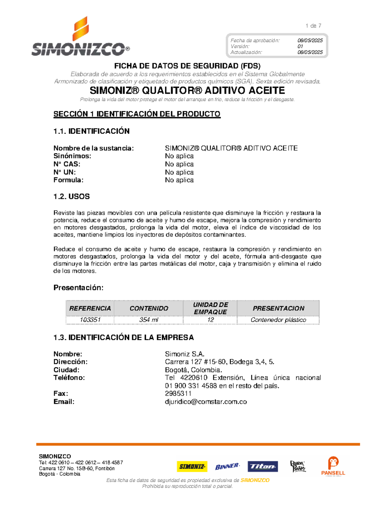 FDS de Seguridad (FDS) - Aditivo Aceite Simoniz® 1 - Document Preview