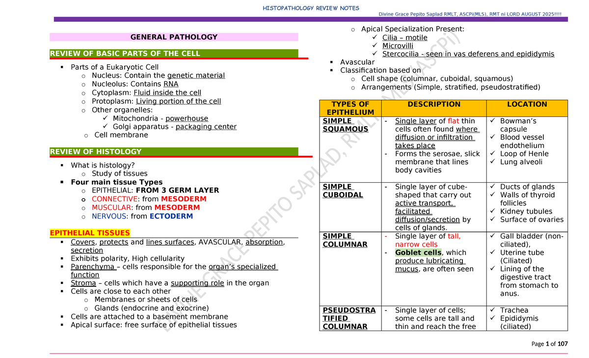 HISTOPATHOLOGY REVIEW NOTES: GENERAL PATHOLOGY OF EUKARYOTIC CELLS ...