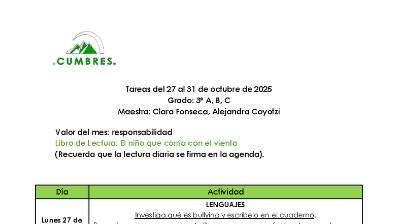 Tareas del 27 al 31 de octubre de 2025 - Grado 3º A, B, C - Studocu