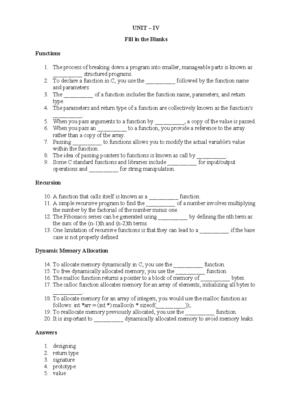 UNIT IV Objective Questions on Functions and Dynamic Memory in C - Studocu