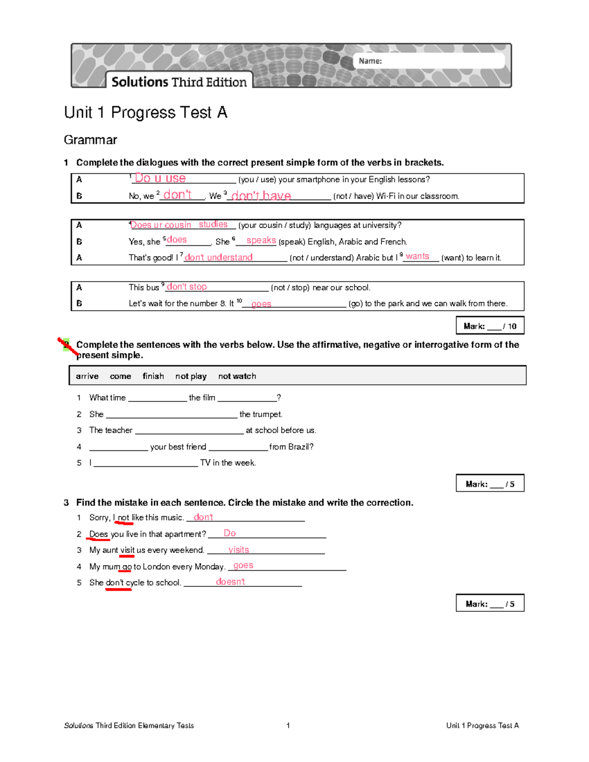 Unit 1 Progress Test A: Grammar & Vocabulary Solutions - Studocu