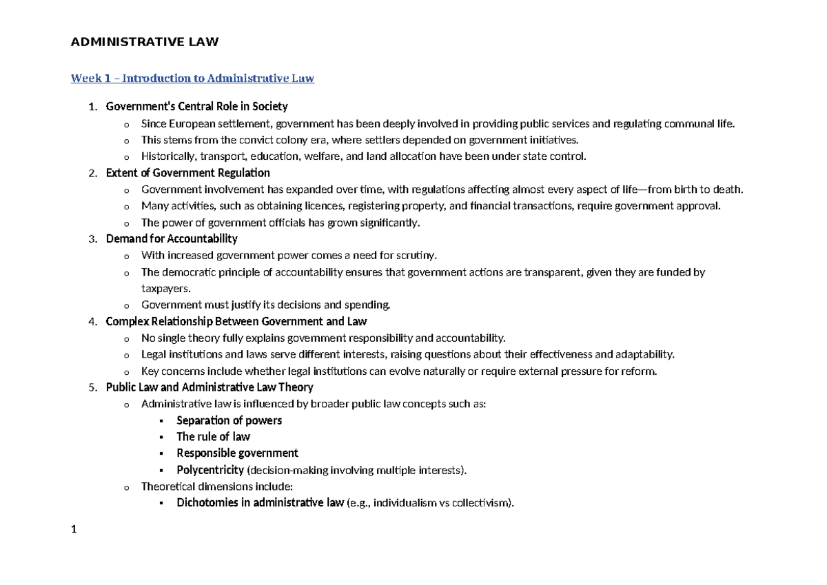 Administrative Law Notes - Week 1 – Introduction to Administrative Law ...