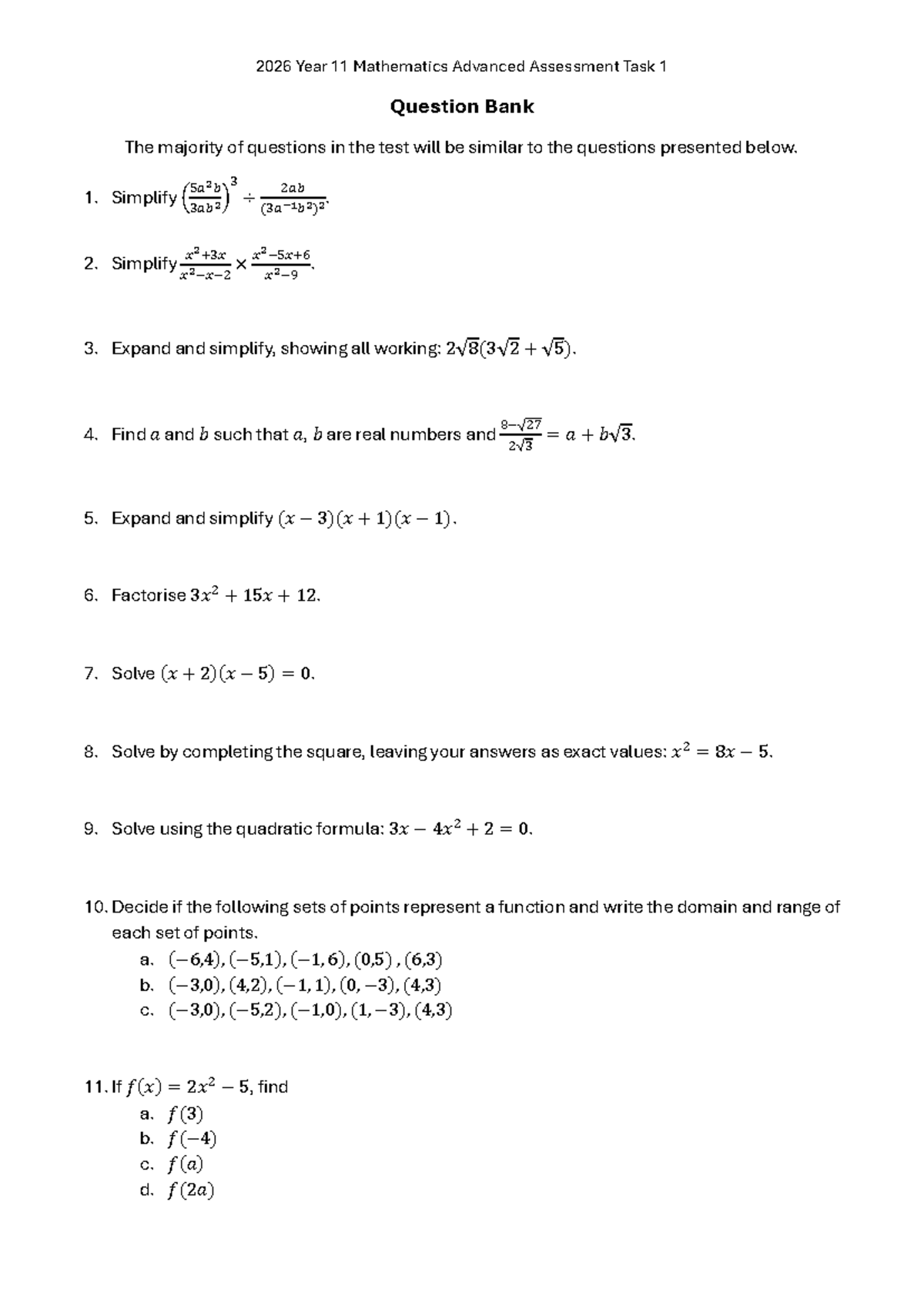2026 Year 11 Mathematics Adv AT1 Question Bank for Practice Test - Studocu