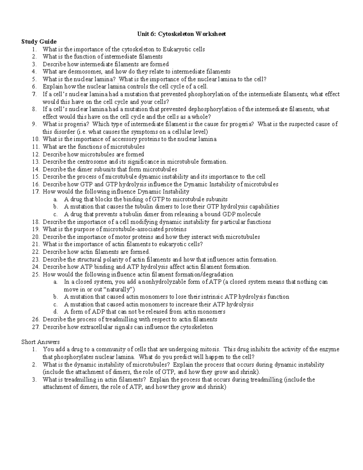 Unit 6: Cytoskeleton Study Guide & Worksheet for Cell Biology (BIO101 ...