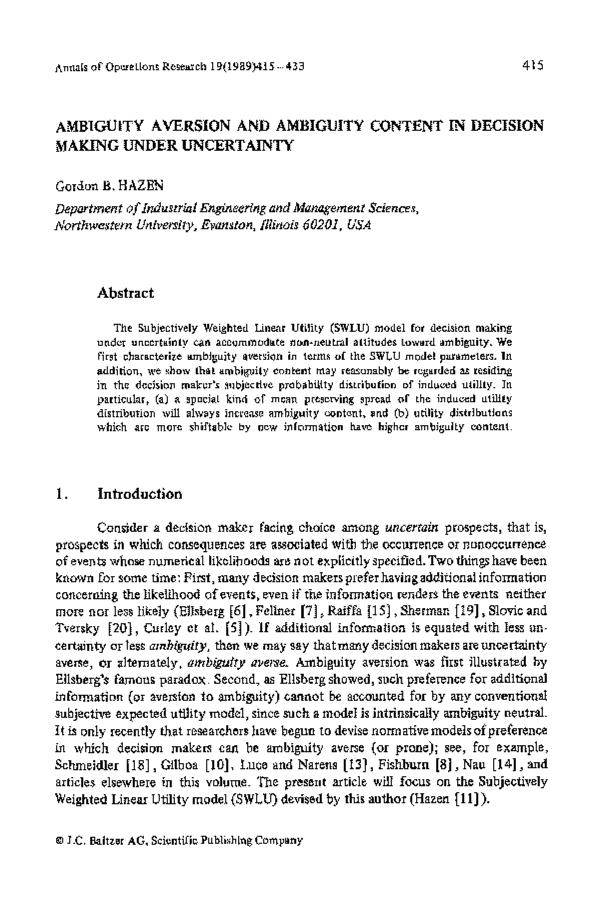 Understanding Ambiguity Aversion: Insights from SWLU Model Analysis ...