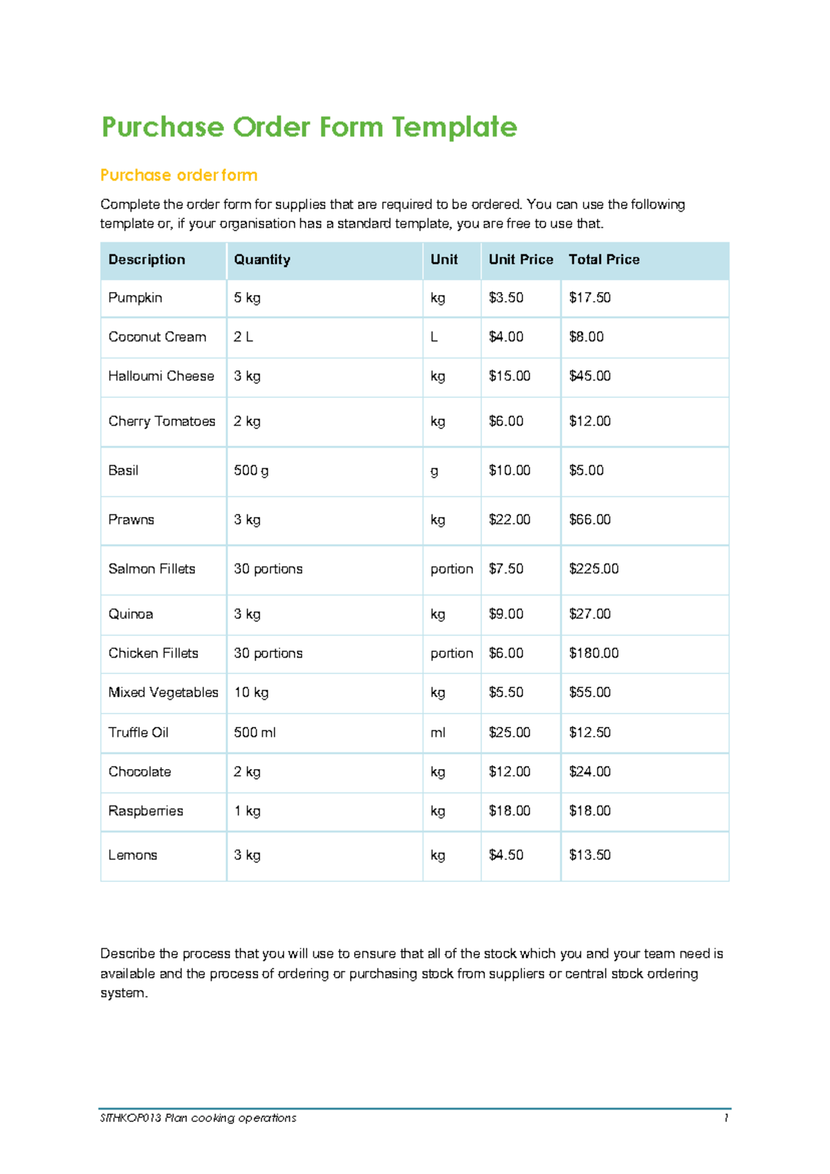 SITHKOP 013 Purchase Order Form Template for Cooking Operations - Studocu