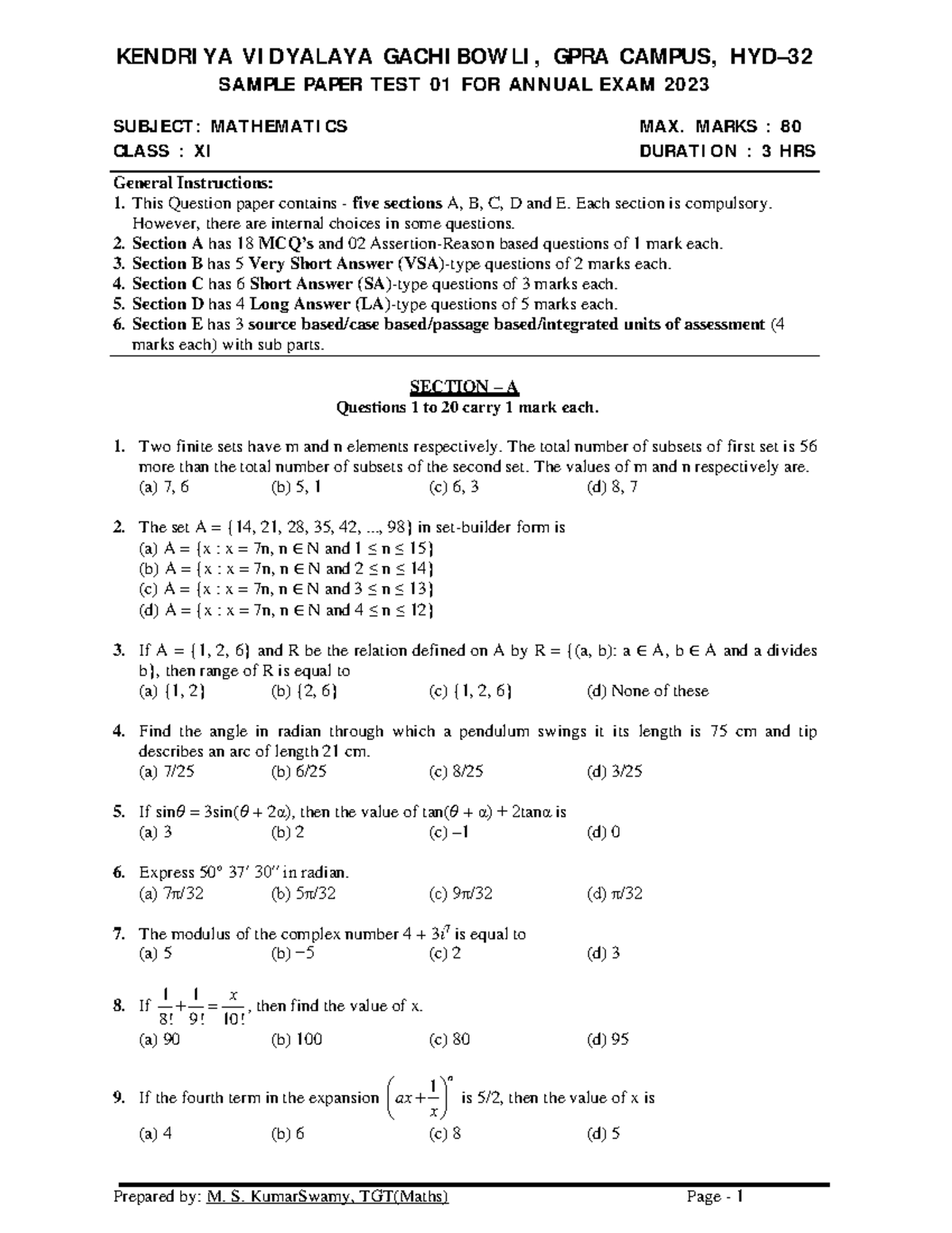 Maths class xi sample paper test 01 for annual exam 2022 23 - KENDRIYA ...