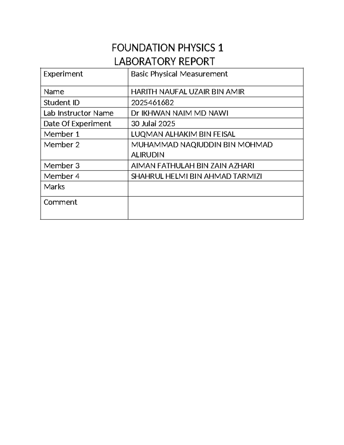 FOUNDATION PHYSICS 1 LAB: Basic Physical Measurement Report - Studocu