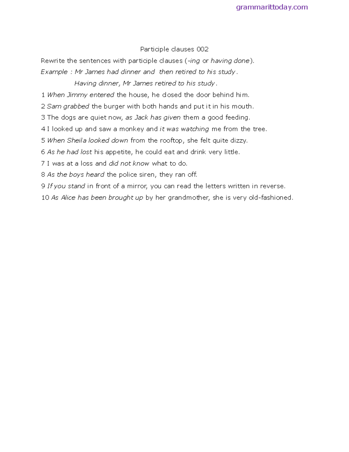 Participle Clauses Exercise 002: Sentence Rewrites - Studocu