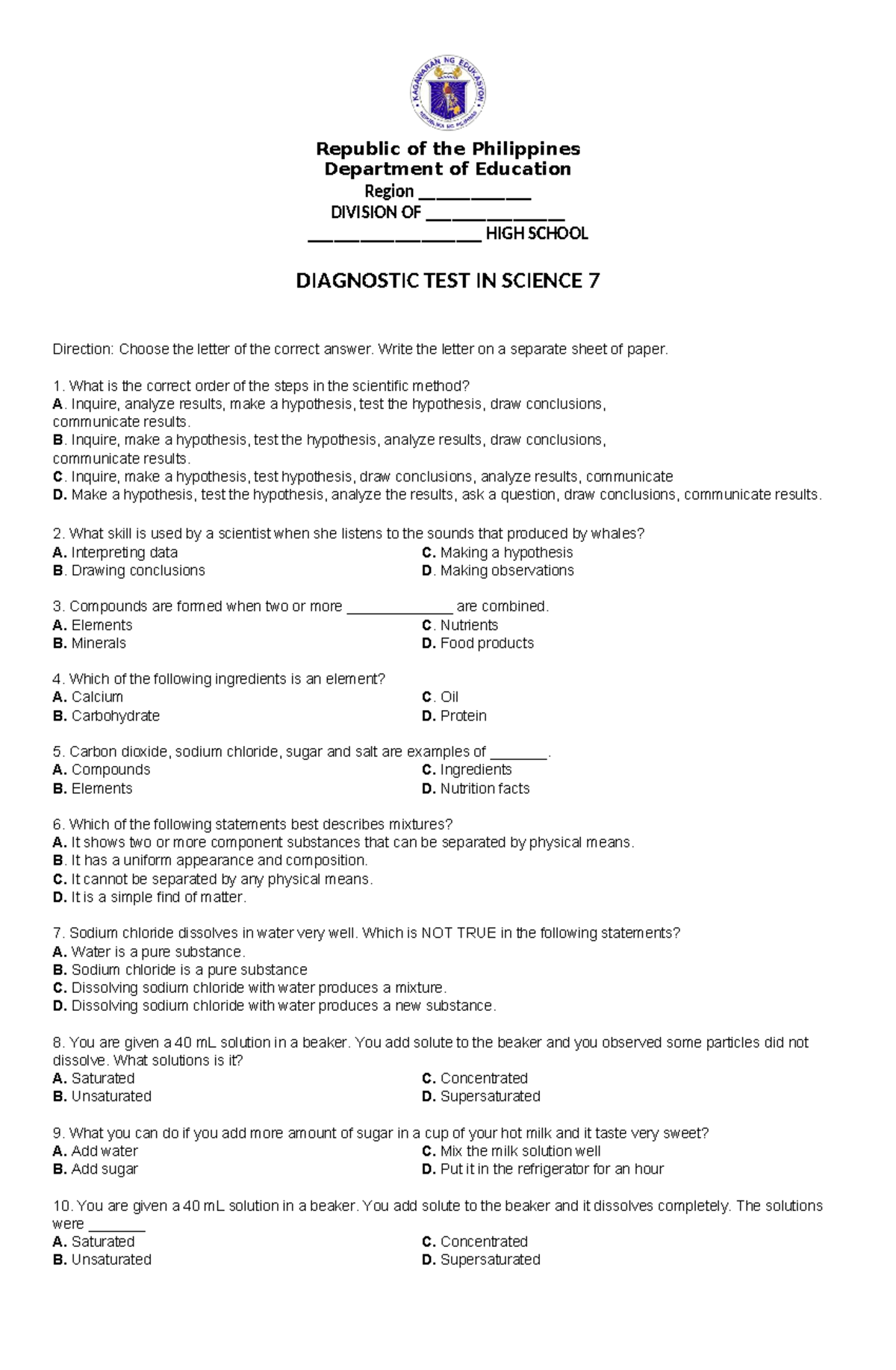 Diagnostic Test in Science 7 (Version 2) - Studocu