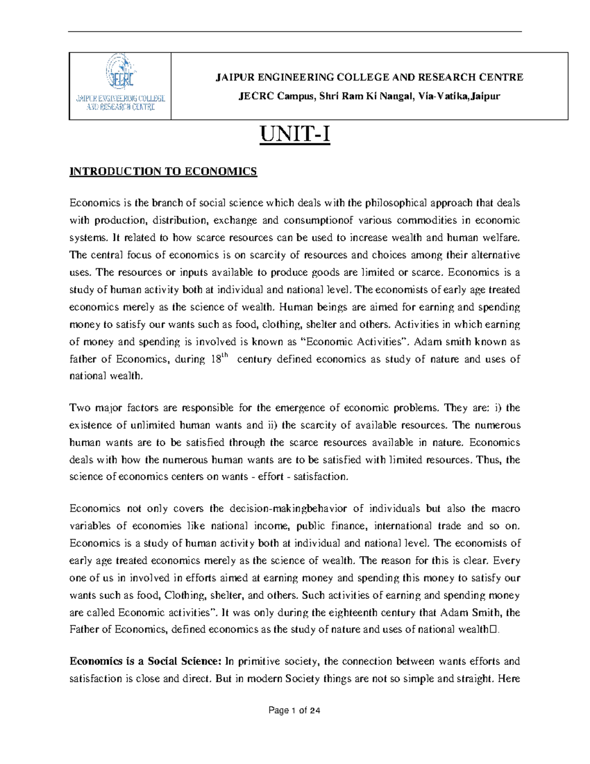Unit I Notes: Introduction to Economics (ECON 101) - Studocu