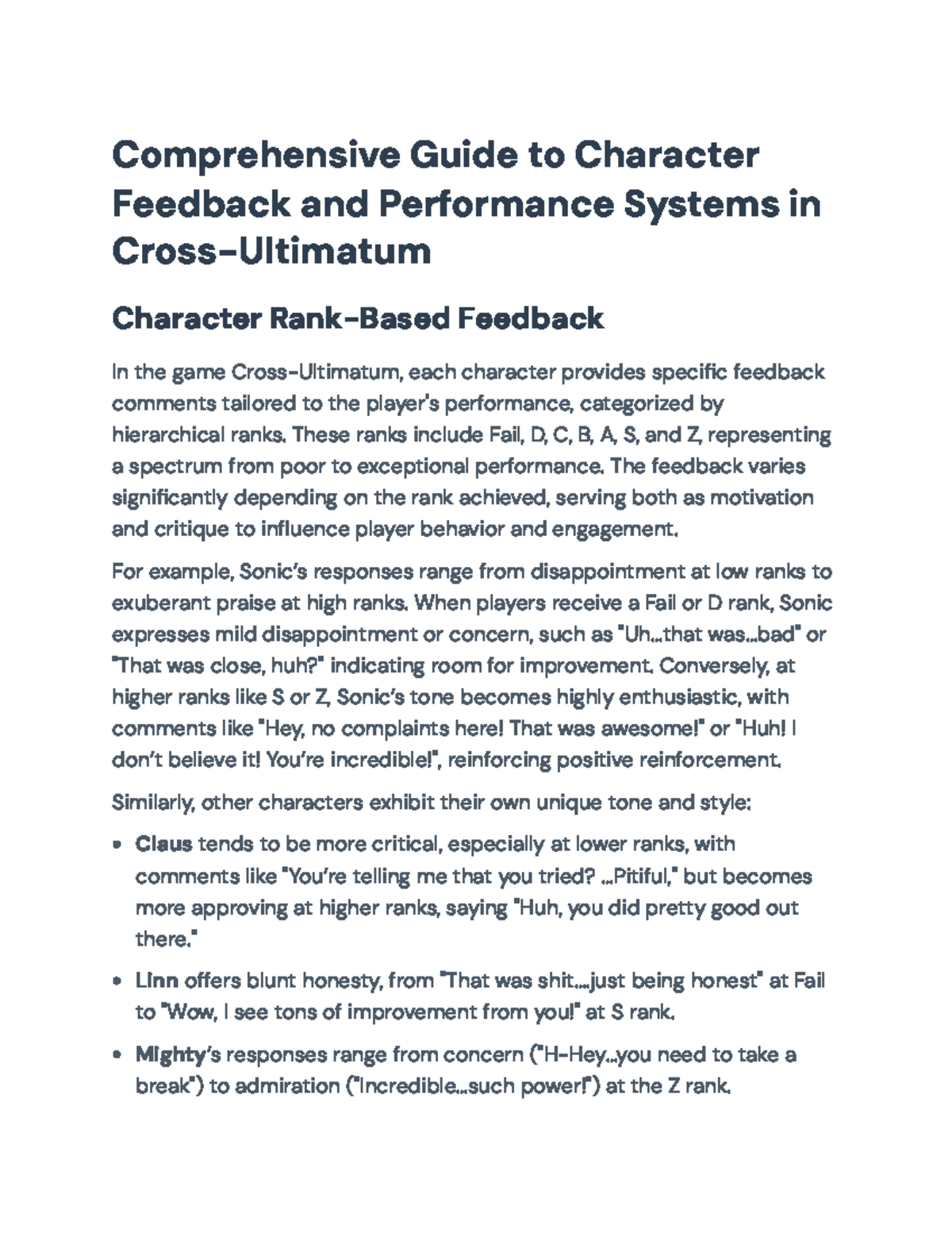 Comprehensive Character Feedback & Performance Dynamics in Cross ...