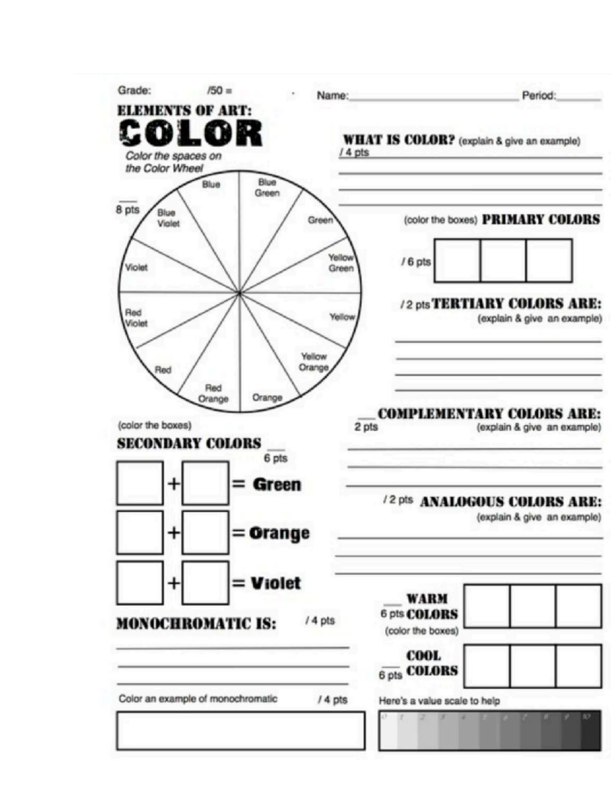 Color Theory Worksheet: Elements of Art - Color Concepts - Studocu