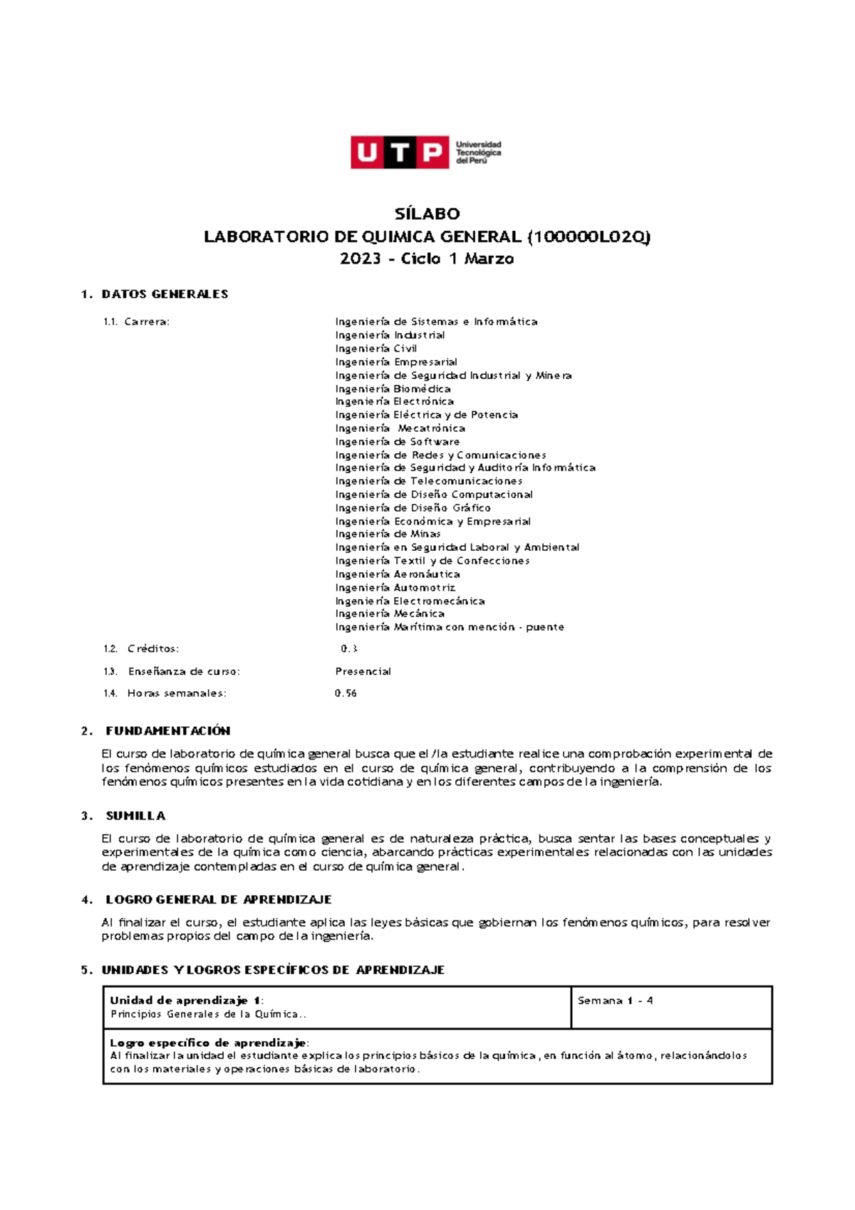 Laboratorio de Química General (100000L02Q) - Sílabos y Metodología 2023 - Document Preview