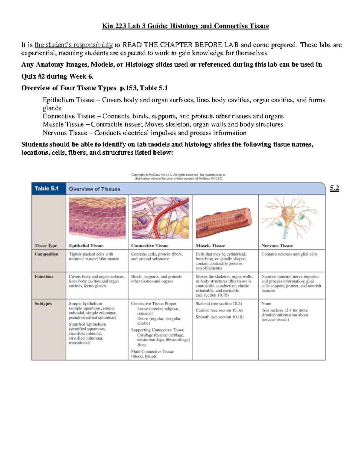 Kin 223 Lab 3 Guide: Overview of Histology & Connective Tissues - Studocu