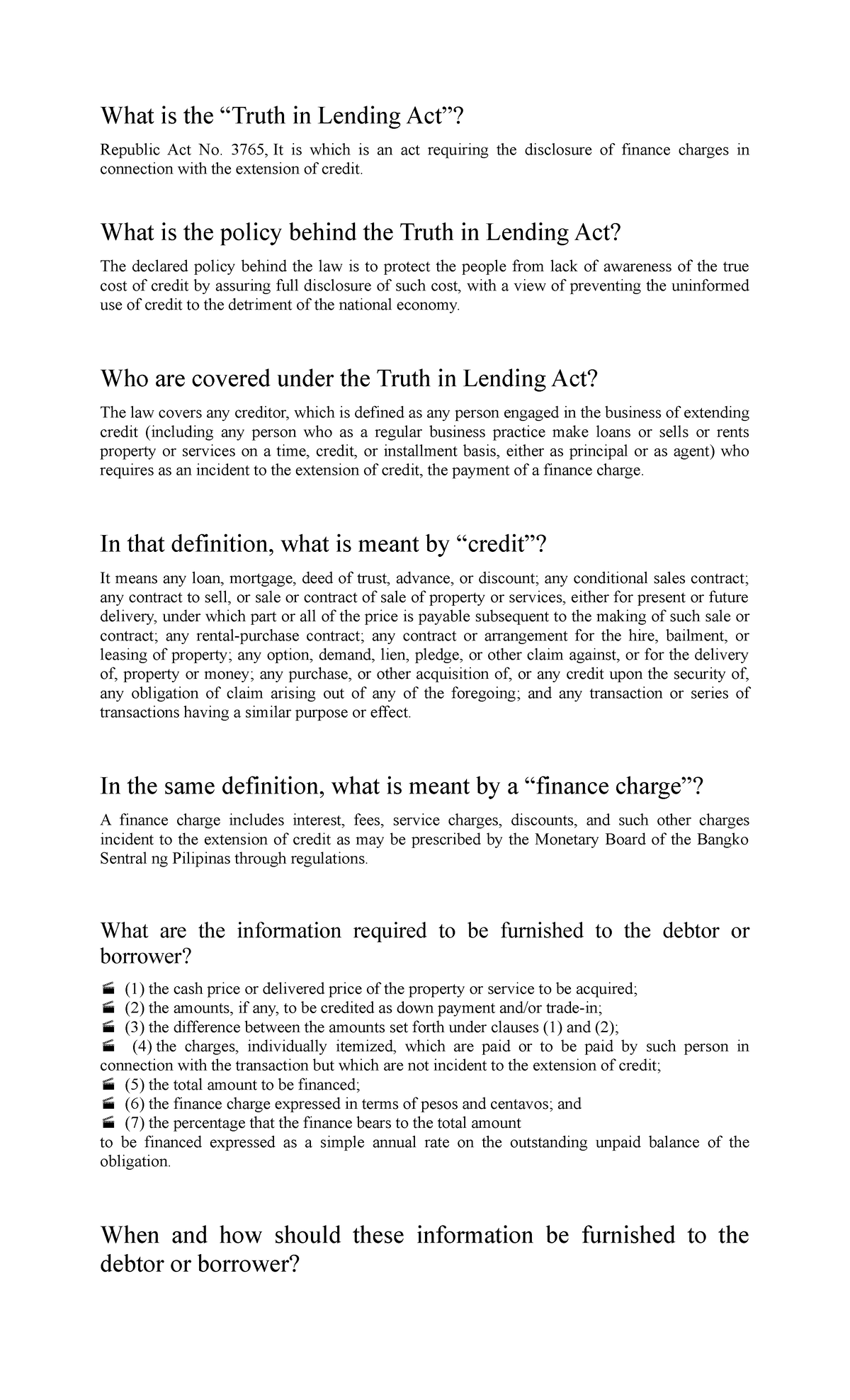 TLA Reviewer: Overview of the Truth in Lending Act and Penalties - Studocu
