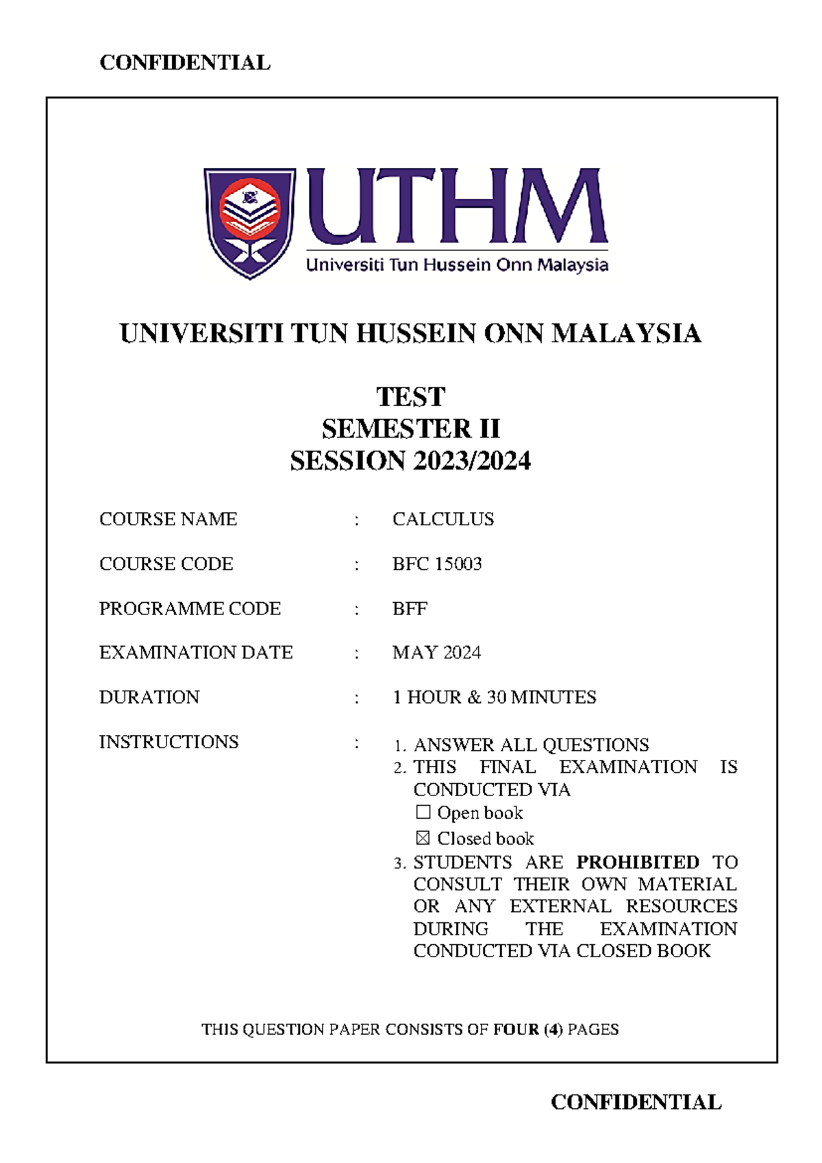 Final Exam Test BFC 15003 Calculus Semester II 2023/2024 - Studocu