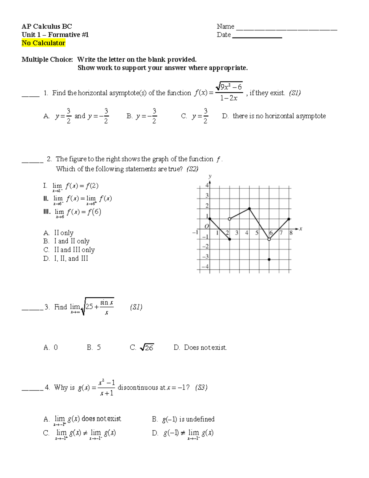 AP Calculus BC Unit 1 Formative #1 (No Calculator) 2023-2024 - Studocu
