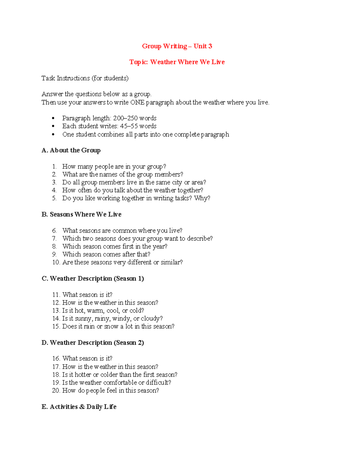 Group Writing Unit 3: Weather Where We Live Task Instructions - Studocu