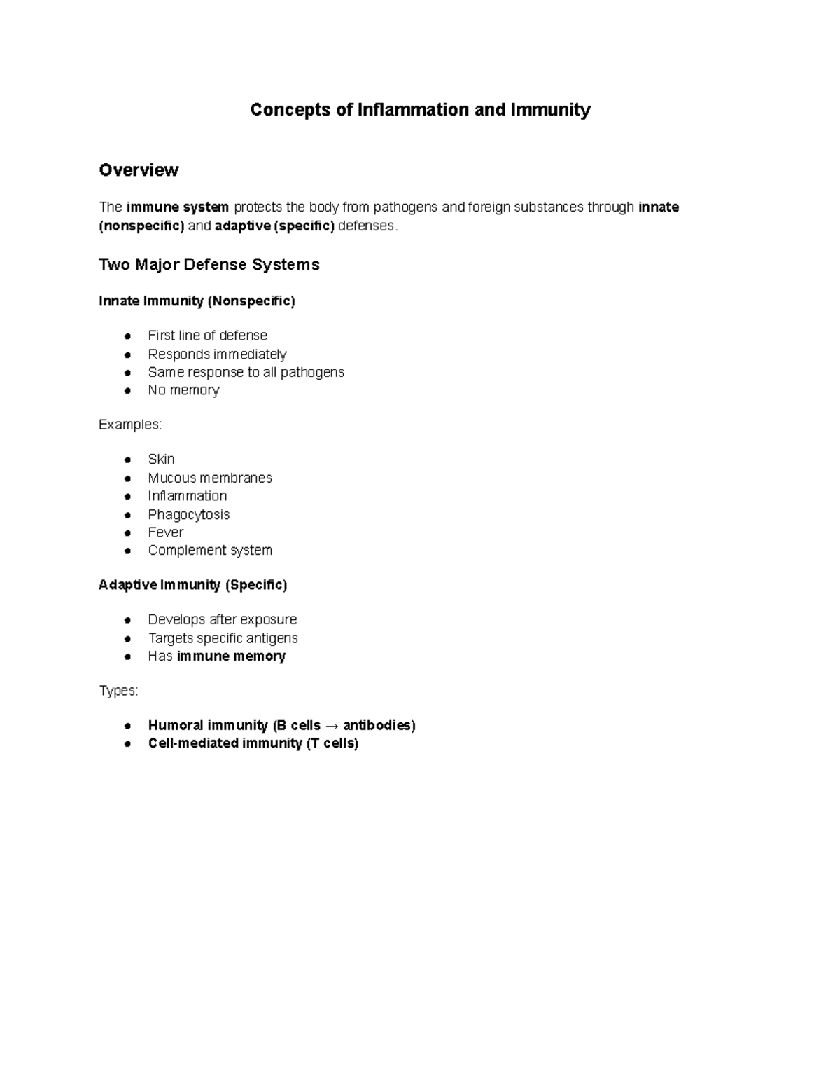 Concepts of Inflammation and Immunity Overview - Studocu