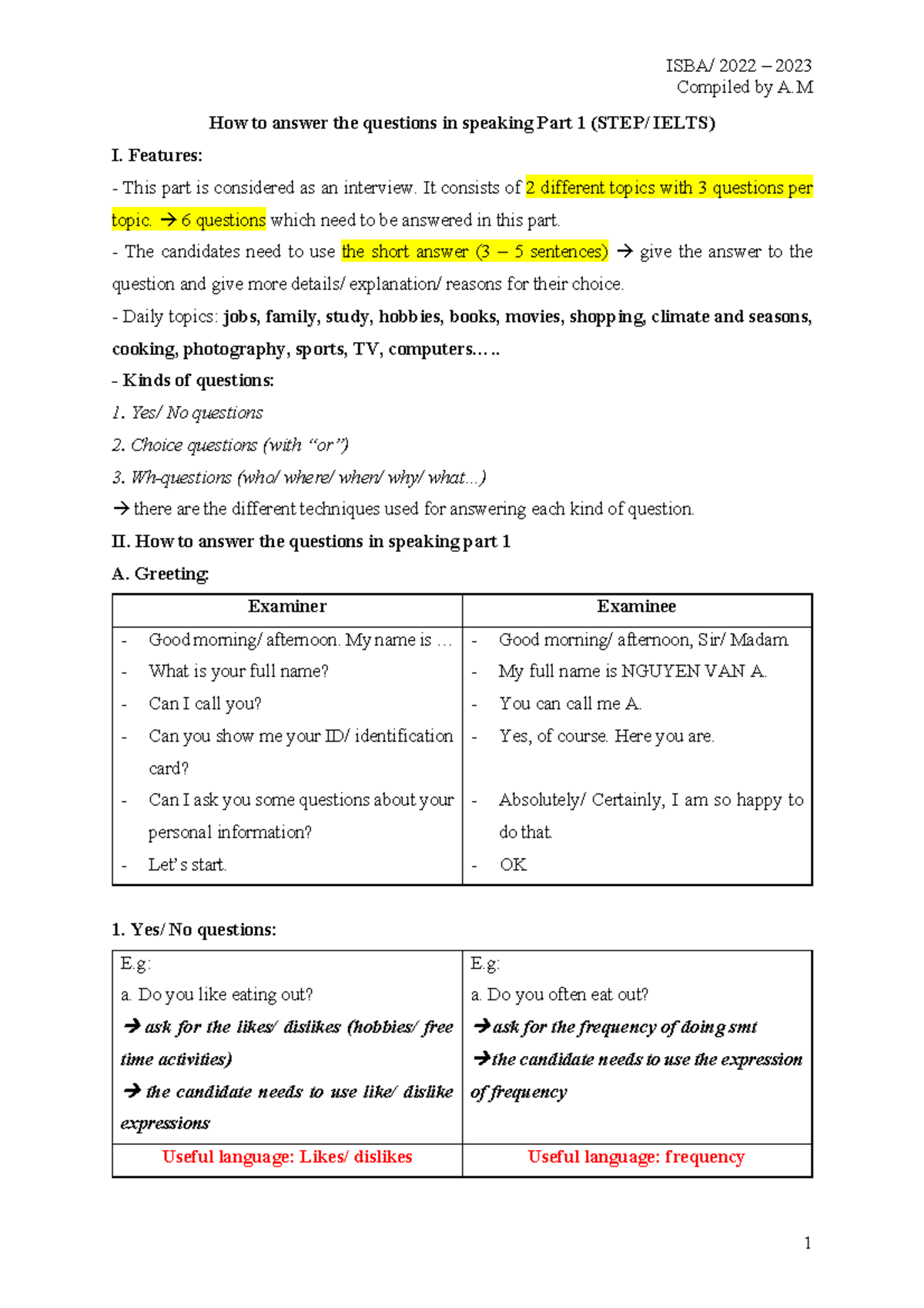 CÁCH TRẢ LỜI PART 1 Speaking STEP - Compiled by A How to answer the ...