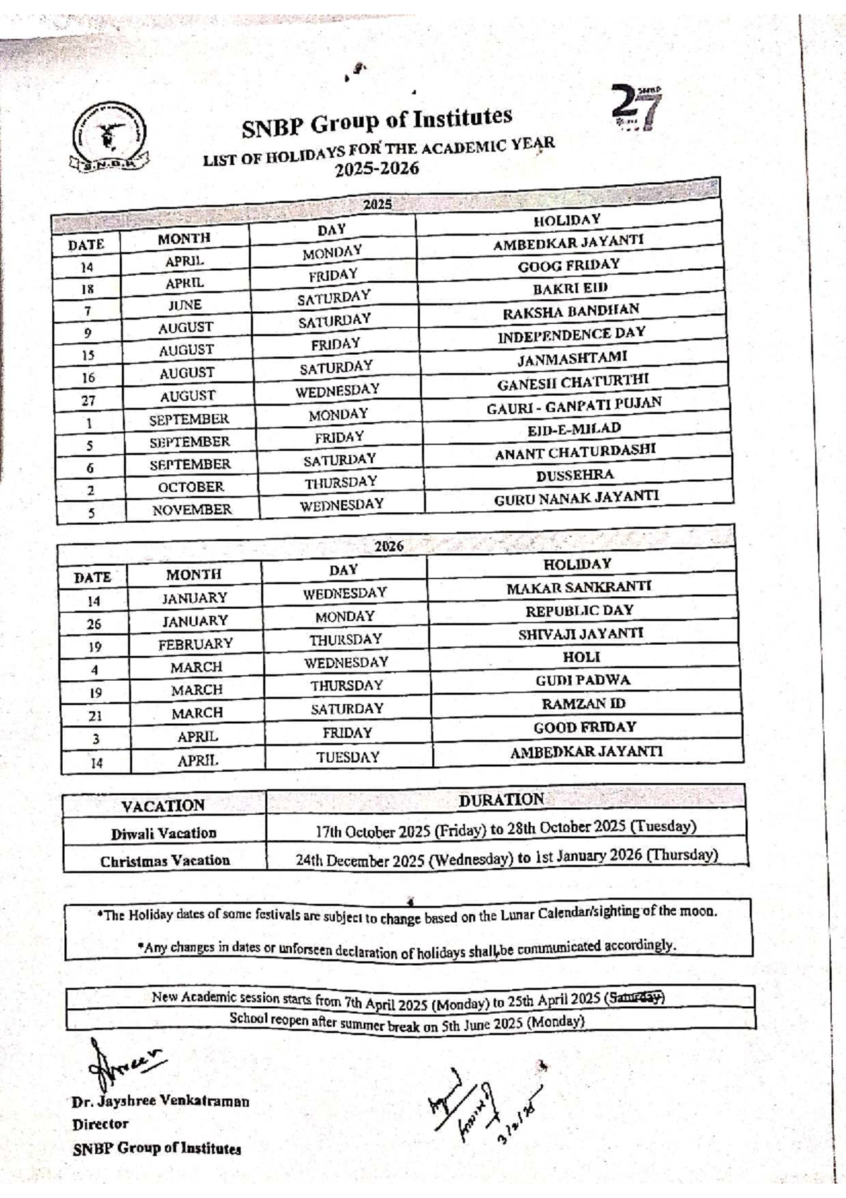 SHED SNBP Group of Institutes: Academic Year 2025-2026 Holiday List ...