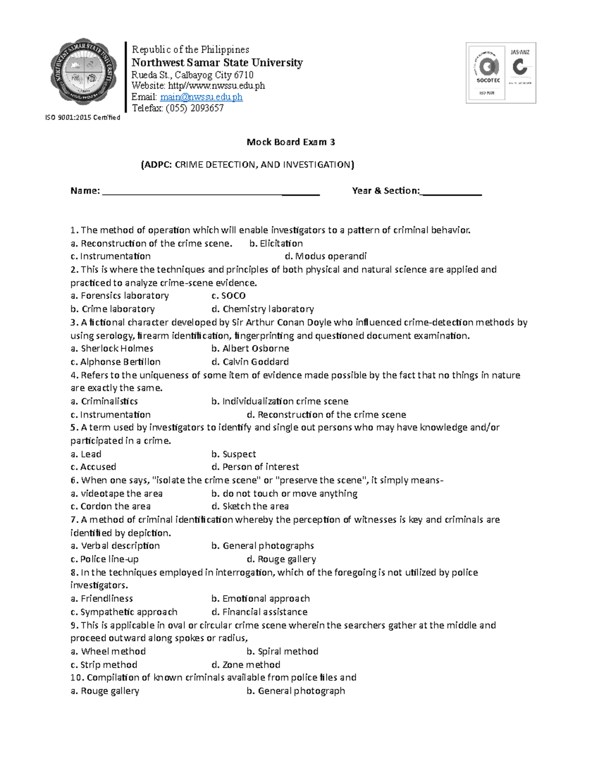 Mock Board Exam 3 - ADPC: Crime Detection and Investigation - Studocu