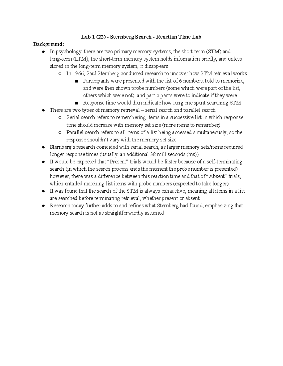 Sternberg Search - Reaction Time Lab Summary - Lab 1 (22) - Sternberg ...